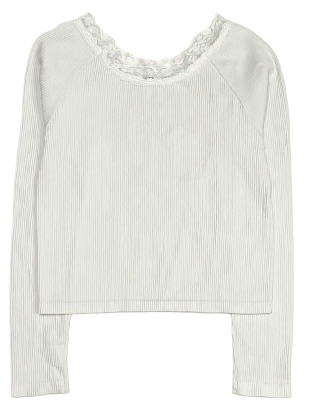 Girls Lace Neck Long Sleeve Crop Top White Ribbed Truce Size 14